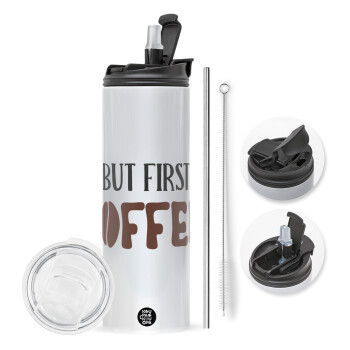 But first Coffee, Travel Tumbler θερμό με διπλό καπάκι, μεταλλικό καλαμάκι και βούρτσα καθαρισμού (Ανωξείδωτο 304 Food grade, BPA free, 600ml)