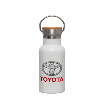 Toyota, Metallic thermos (Stainless steel) White with wooden lid (bamboo), double-walled, 350ml