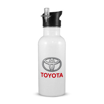 Toyota, White water bottle with straw, stainless steel 600ml