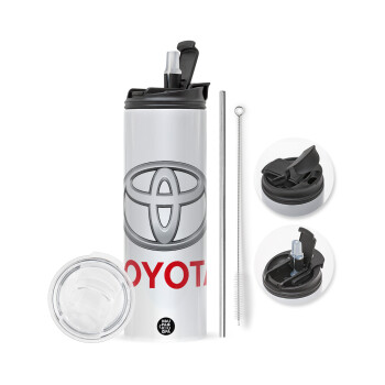 Toyota, Travel Tumbler θερμό με διπλό καπάκι, μεταλλικό καλαμάκι και βούρτσα καθαρισμού (Ανωξείδωτο 304 Food grade, BPA free, 600ml)