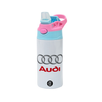 AUDI, Children's hot water bottle, stainless steel, with safety straw, Pink/BlueCiel (360ml) BPA FREE