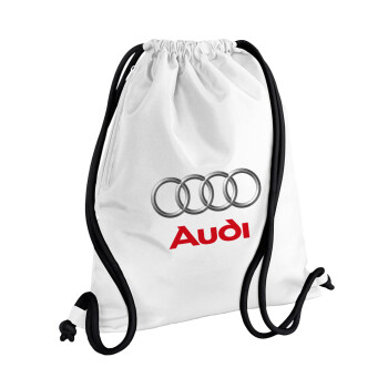 AUDI, Τσάντα πλάτης πουγκί GYMBAG λευκή, με τσέπη (40x48cm) & χονδρά κορδόνια