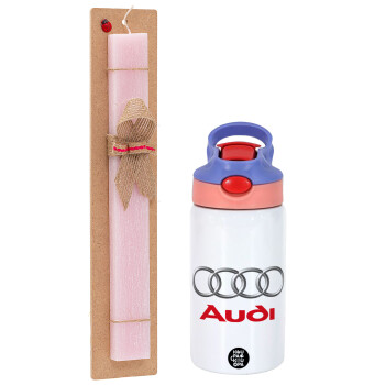 AUDI, Easter Set, Children's thermal stainless steel water bottle with safety straw, pink/purple (350ml) & Easter scented flat candle (30cm) (PINK)