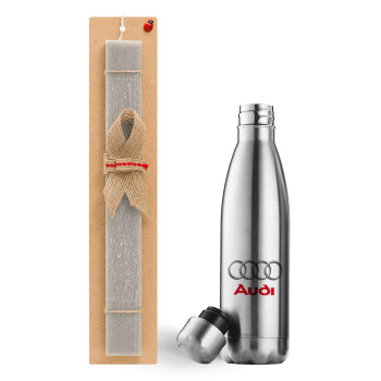 AUDI, Easter Set, metallic stainless thermos flask (500ml) & scented flat Easter candle (30cm) (GRAY)