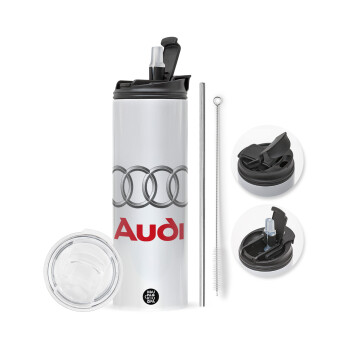 AUDI, Travel Tumbler θερμό με διπλό καπάκι, μεταλλικό καλαμάκι και βούρτσα καθαρισμού (Ανωξείδωτο 304 Food grade, BPA free, 600ml)