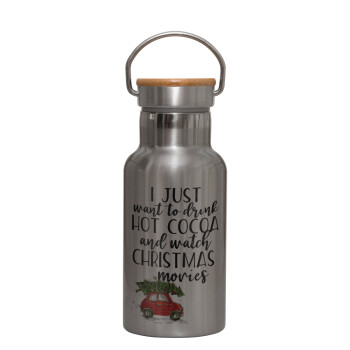 I just want to drink hot cocoa and watch christmas movies mini cooper, Stainless steel metallic thermos flask, silver with a bamboo lid, double-walled, 350ml.