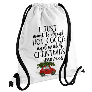 I just want to drink hot cocoa and watch christmas movies mini cooper, Τσάντα πλάτης πουγκί GYMBAG λευκή, με τσέπη (40x48cm) & χονδρά κορδόνια