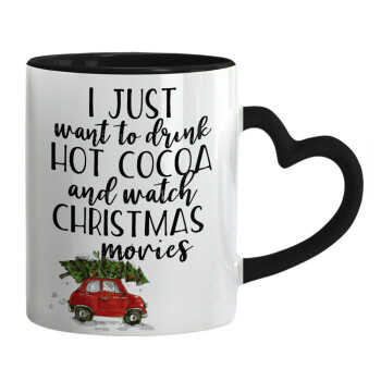 I just want to drink hot cocoa and watch christmas movies mini cooper, Κούπα καρδιά χερούλι μαύρη, κεραμική, 330ml