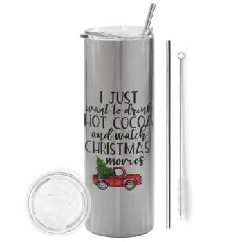 I just want to drink hot cocoa and watch christmas movies pickup car, Eco friendly ποτήρι θερμό Ασημένιο (tumbler) από ανοξείδωτο ατσάλι 600ml, με μεταλλικό καλαμάκι & βούρτσα καθαρισμού