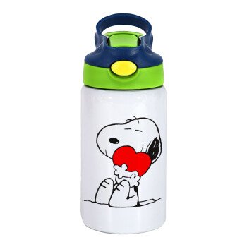 Snoopy, Children's hot water bottle, stainless steel, with safety straw, green, blue (350ml)
