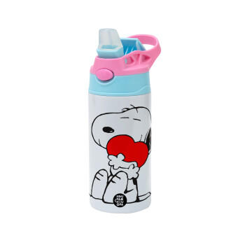 Snoopy, Children's hot water bottle, stainless steel, with safety straw, Pink/BlueCiel (360ml) BPA FREE