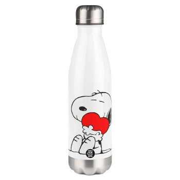 Snoopy, Μεταλλικό παγούρι θερμός Λευκό (Stainless steel), διπλού τοιχώματος, 500ml