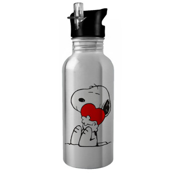 Snoopy, Water bottle Silver with straw, stainless steel 600ml