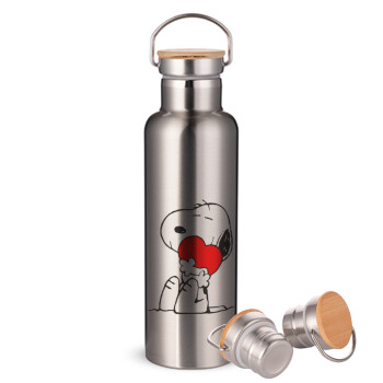 Snoopy, Stainless steel Silver with wooden lid (bamboo), double wall, 750ml
