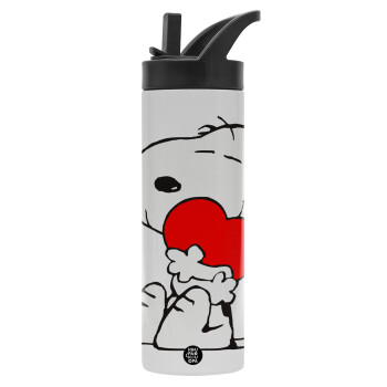 Snoopy, Metallic thermos bottle with straw & handle, stainless steel (Stainless steel 304), double-walled, 600ml.