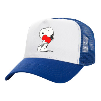 Snoopy, Adult Structured Trucker Hat, with Mesh, WHITE/BLUE (100% COTTON, ADULT, UNISEX, ONE SIZE)