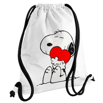 Snoopy, Τσάντα πλάτης πουγκί GYMBAG λευκή, με τσέπη (40x48cm) & χονδρά κορδόνια