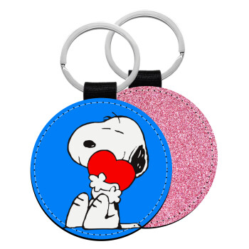Snoopy, Μπρελόκ Δερματίνη, στρογγυλό ΡΟΖ (5cm)