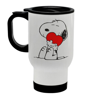 Snoopy, Κούπα ταξιδιού ανοξείδωτη με καπάκι, διπλού τοιχώματος (θερμό) λευκή 450ml