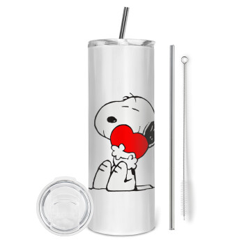 Snoopy, Tumbler ποτήρι θερμό από ανοξείδωτο ατσάλι 600ml, με μεταλλικό καλαμάκι & βούρτσα καθαρισμού