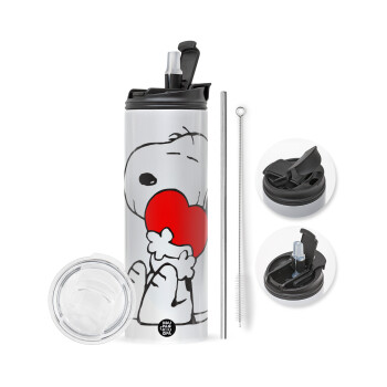 Snoopy, Travel Tumbler θερμό με διπλό καπάκι, μεταλλικό καλαμάκι και βούρτσα καθαρισμού (Ανωξείδωτο 304 Food grade, BPA free, 600ml)