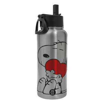 Snoopy, Metal mug thermo Silver with Straw and Spout Lid (Stainless steel), double wall, 950ml