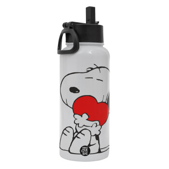 Snoopy, Metal mug thermo White with Straw and Spout Lid (Stainless steel), double wall, 950ml