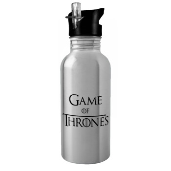 Game of Thrones, Water bottle Silver with straw, stainless steel 600ml