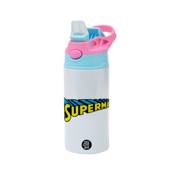 Superman vintage, Children's hot water bottle, stainless steel, with safety straw, Pink/BlueCiel (360ml) BPA FREE