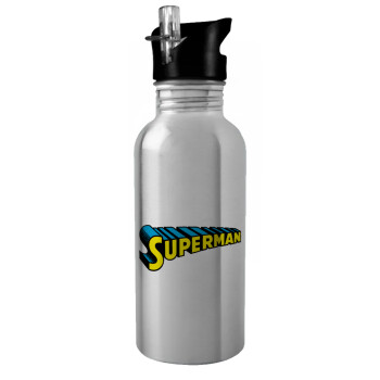 Superman vintage, Παγούρι νερού Ασημένιο με καλαμάκι, ανοξείδωτο ατσάλι 600ml