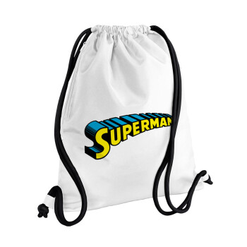 Superman vintage, Τσάντα πλάτης πουγκί GYMBAG λευκή, με τσέπη (40x48cm) & χονδρά κορδόνια