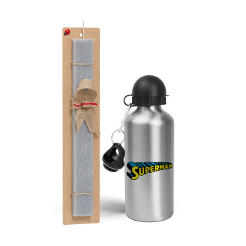 Superman vintage, Easter Set, metallic silver aluminum water bottle (500ml) & aromatic flat Easter candle (30cm) (GRAY)