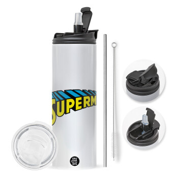 Superman vintage, Travel Tumbler 2 Lids, with metal straw & cleaning brush (Stainless steel 304 Food grade, BPA free, 600ml)