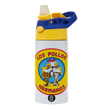 Los Pollos Hermanos, Children's hot water bottle, stainless steel, with safety straw, green, blue (360ml) BPA FREE