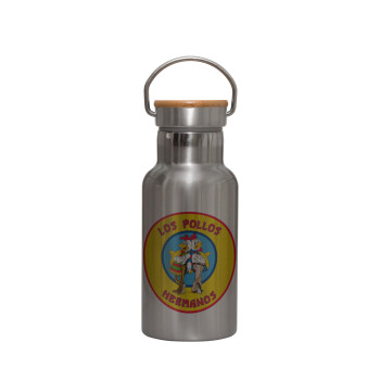 Los Pollos Hermanos, Stainless steel metallic thermos flask, silver with a bamboo lid, double-walled, 350ml.