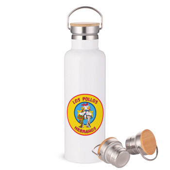 Los Pollos Hermanos, Μεταλλικό παγούρι θερμός (Stainless steel) Λευκό με ξύλινο καπακι (bamboo), διπλού τοιχώματος, 750ml