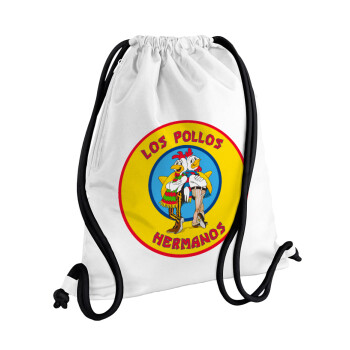 Los Pollos Hermanos, Τσάντα πλάτης πουγκί GYMBAG λευκή, με τσέπη (40x48cm) & χονδρά κορδόνια