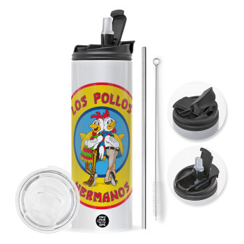 Los Pollos Hermanos, Travel Tumbler θερμό με διπλό καπάκι, μεταλλικό καλαμάκι και βούρτσα καθαρισμού (Ανωξείδωτο 304 Food grade, BPA free, 600ml)