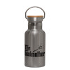 Stainless steel metallic thermos flask, silver with a bamboo lid, double-walled, 350ml.