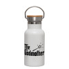 Metallic thermos (Stainless steel) White with wooden lid (bamboo), double-walled, 350ml