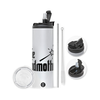 The Godmather, Travel Tumbler 2 Lids, with metal straw & cleaning brush (Stainless steel 304 Food grade, BPA free, 600ml)