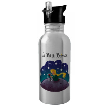 Little prince, Water bottle Silver with straw, stainless steel 600ml