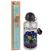 Easter Set, metallic silver aluminum water bottle (500ml) & scented flat Easter candle (30cm) (TURQUOISE)