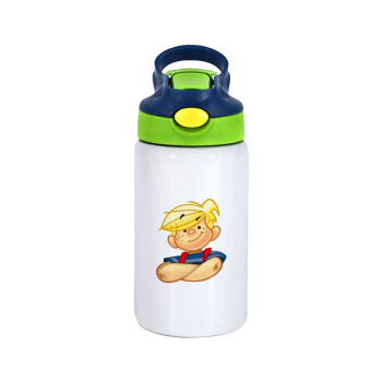 Dennis the Menace, Children's hot water bottle, stainless steel, with safety straw, green, blue (350ml)