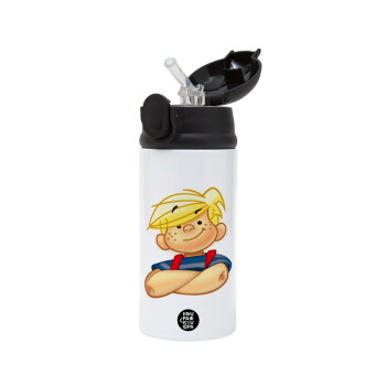 Dennis the Menace, Children's hot water bottle, stainless steel, with safety straw, Black (360ml) BPA-FREE