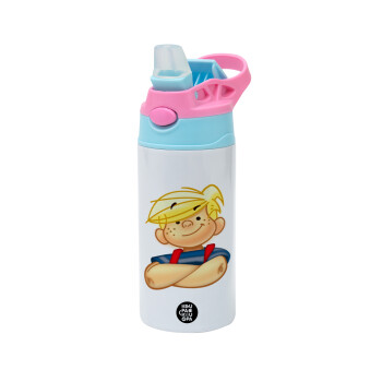 Dennis the Menace, Children's hot water bottle, stainless steel, with safety straw, Pink/BlueCiel (360ml) BPA FREE