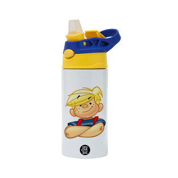 Dennis the Menace, Children's hot water bottle, stainless steel, with safety straw, green, blue (360ml) BPA FREE