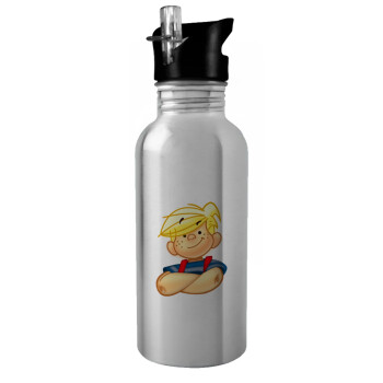 Dennis the Menace, Water bottle Silver with straw, stainless steel 600ml