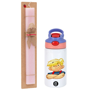 Dennis the Menace, Easter Set, Children's thermal stainless steel water bottle with safety straw, pink/purple (350ml) & Easter scented flat candle (30cm) (PINK)