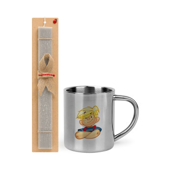 Dennis the Menace, Easter Set, metallic thermal cup (300ml) & Easter aromatic flat candle (30cm) (GRAY)